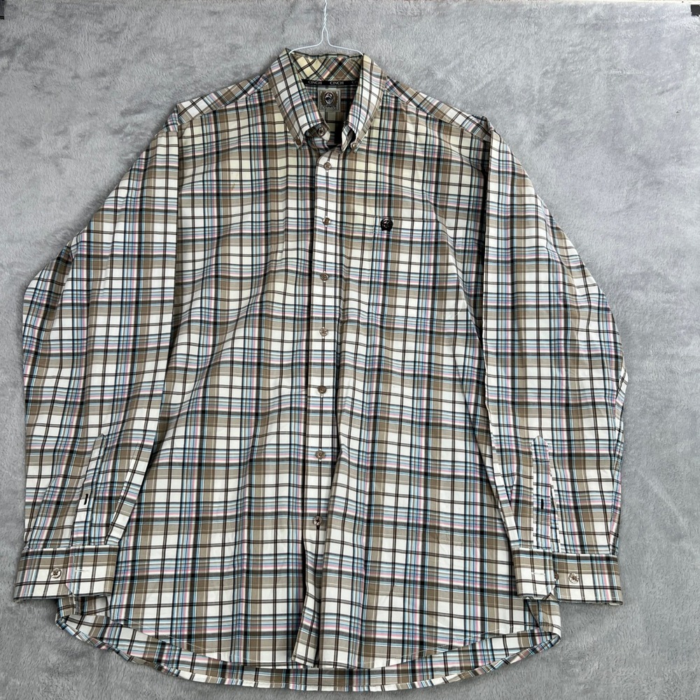 Cinch Plaid Button Down Shirt L Tan Blue Men Western Cowboy Workwear Classic